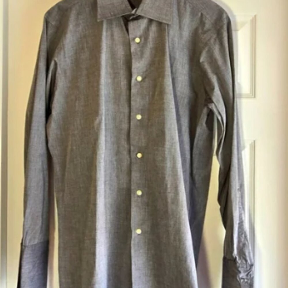BARNEYS NEW YORK Men's Long Sleeve Cotton SHIRT 15 1/2‎ Large Gray French Cuffs